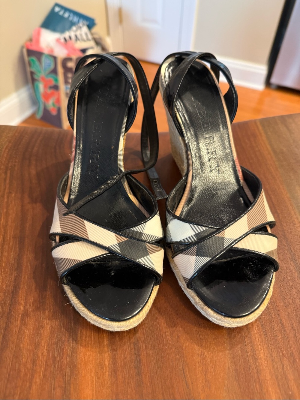 Burberry Black and Beige Plaid Espadrille Wedge Sandals